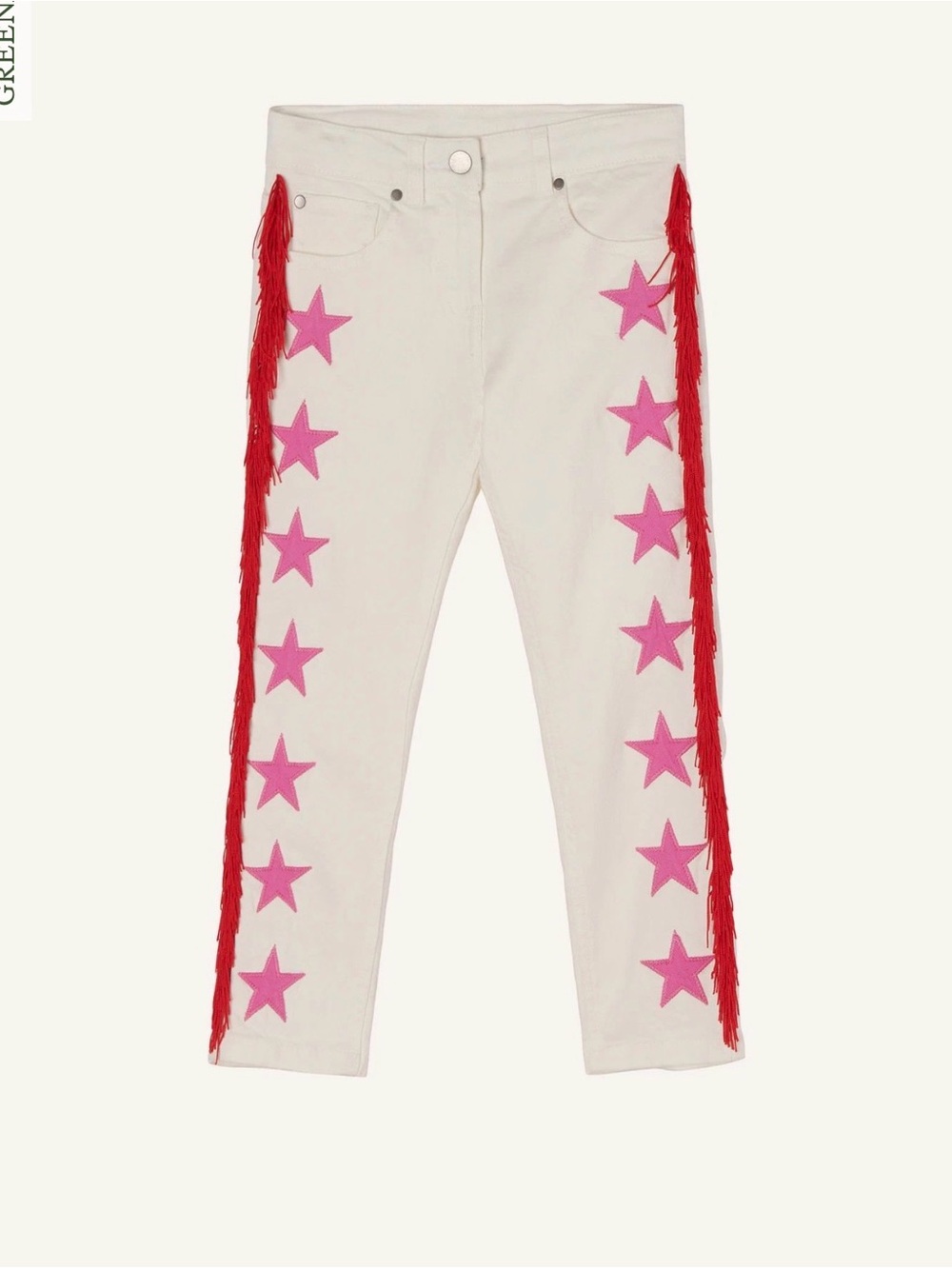 Girls Stella McCartney White Skinny Jeans with Pink Star Appliqués & Red Fringe